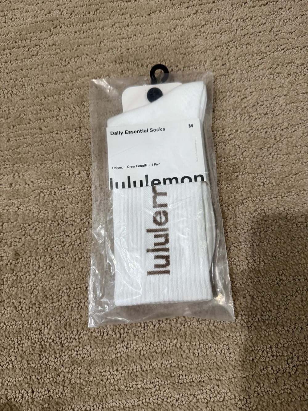 Lululemon Daily Essential Crew Socks Unisex White/Brown Wordmark Size M